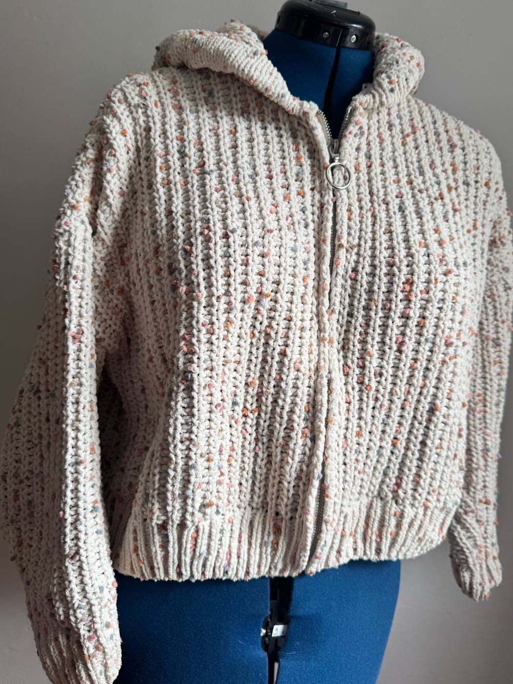 moon & madison Cream Cropped Speckled Zip Hoodie Sweater